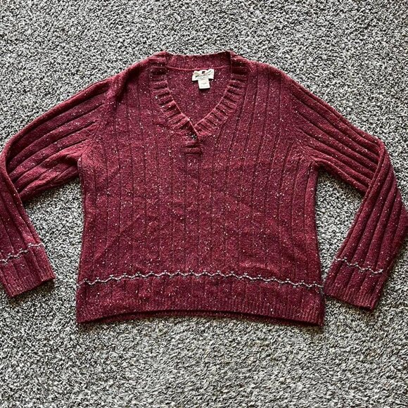 Woolrich Knit Sweater Womens Medium Ruby Heather Wool Blend VNeck Cable Knit Top - Picture 1 of 8